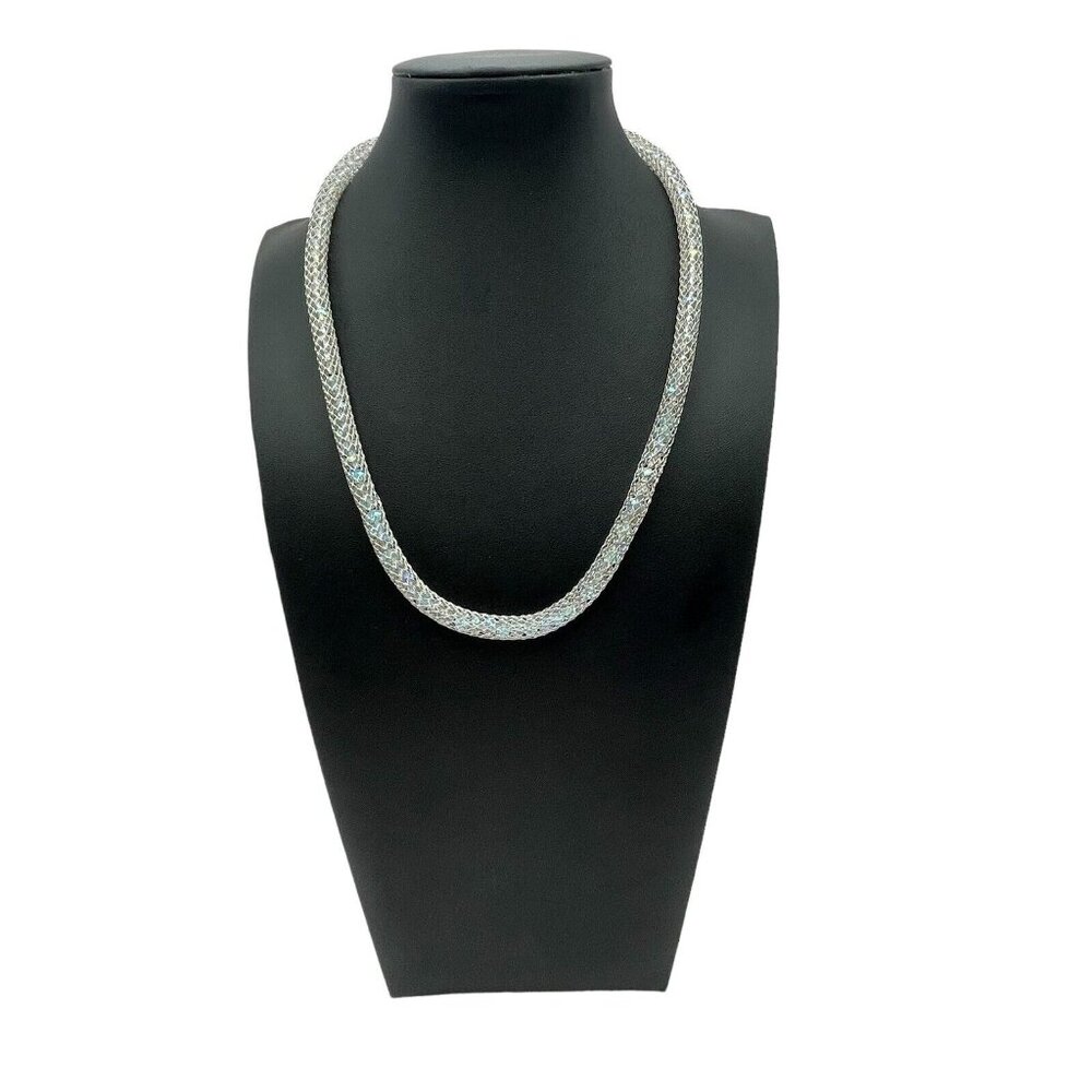 Stainless Steel China Mesh Net‎ Aurora Borealis Bead Silver Tone Necklace Modern